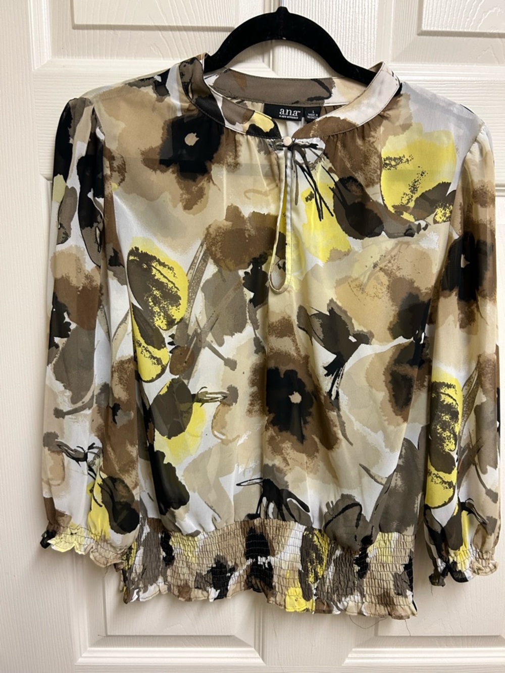 A.n.a. Printed Smocked Hem Long Sleeve Blouse - Yellow & Brown Floral
